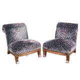 (2pc) Custom Upholstered Scroll Slipper Chairs | With contemporary chic brown and blue leaf-patterne