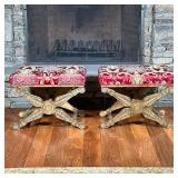 Pair Casa Stradivari X-Form Carved Wood Benches | Or stools, with textured red upholstered cushioned