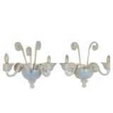 (2pc) PAIR BAROVIER MODERNIST SCROLL MURANO GLASS SCONCES | Opaline glass scones having central bowl