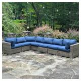 Outdoor Modular Sectional Sofa | Having an aluminum frame wrapped in all-weather wicker, with navy b