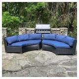 (2pc) Pair Curved Outdoor Settees | Woven black all-weather material with navy blue outdoor cushions