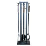 Contemporary Fireplace Tool Set | Stand with four tools of black metal finish with brown handles Dim