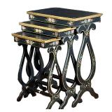 (3pc) Painted Nesting Tables | With flower painted boarders and aprons and gilt accents; smallest h.