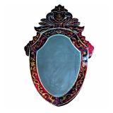 Contemporary Deep Red Trimmed Mirror With Gold Accents | Shield-shaped mirror with acrylic dark cran