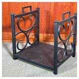 Scrolled Metal Fireplace Log Holder | Black metal firewood rack, having rectangular base and two sid