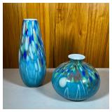(2pc) Blue Glass Decorative Vases | Including a bulbous vase and a tall vase - h. 15.25 in (tallest)