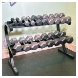(19pc) DUMBBELLS & RACK | Set of dumbbells and Powertec rack including: 5lbs-50lbs - h. 36 x w. 50 x