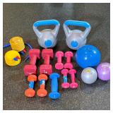 (16pc) DUMBBELLS, KETTEL BELLS, & OTHER EXERCISE EQUIPMENT | Mixed lot including 1lb, 2lbs, 3lbs and
