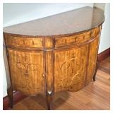 Inlaid Wood Demilune Bar Cabinet | Having a single drawer over double cabinet doors flanked by curve