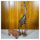 (2pc) Carved Wood Wild Animals Statues | Tall Giraffe and roaring leopard figures. - h. 23 x w. 3 x 
