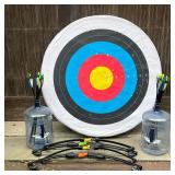 (7pc) Archery Set | Includes 4 bows and 30 arrows. Standard 5 color target is designed to hang. Dime