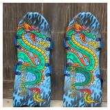 (2pc) Pair Snowboards | Pair of Snowsliders with Dragons and four handles. One handle is broken. Dim