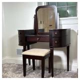 Vanity Table & Stool | Vanity mirrored makeup table in a dark wood finish with matching upholstered 