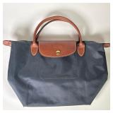 Small Longchamp Le Pliage Top Handle Tote | Grey with brown leather handles. Including zip closure u