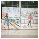 (2pc) Pair Parisian Giclees | Fashion scenes, on canvas. Lisel Long; both signed in the print bottom