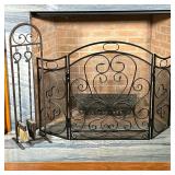 (4pc) Fireplace Tools & Screen | Black wrought iron foldable screen with scrolled vine pattern. Wrou