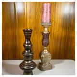(2pc) Tall Carved Candlestick Holder And Vase | Brown with gold accents tall vase. Elaborate, carved