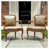 (2pc) PAIR UPHOLSTERED FRENCH LOUIS XV CARVED WALNUT ARMCHAIRS | Carved Louis XV style armchairs on 