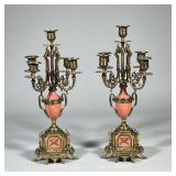 (2pc) PAIR GILT BRASS CANDELABRAS | Pair of gilt brass candelabras with carved stone vase-form stem 