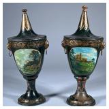 PAIR TOLE PAINTED CHESNUT URNS | Antique metal chestnut urns with tops and hand-painted countryside 