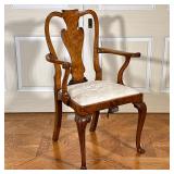 QUEEN ANNE BURL WALNUT OPEN ARMCHAIR | Having carved wood back with BURLWOOD veneer over cabriole le