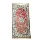 KNOTTED PERSIAN FLORAL SMALL AREA RUG | Having central medallion on red backing with cream & blue bo