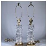 (2pc) PAIR WATERFORD CUT CRYSTAL CYLINDER LAMPS | Cut crystal cylinder lamps with brass bases and fi
