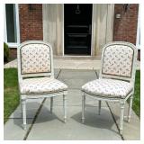 PAIR LOUIS XVI FRENCH GRAY CARVED SIDE CHAIRS UPHOLSTERED FLORAL STRIPED | Louis XVI chaise en cabri