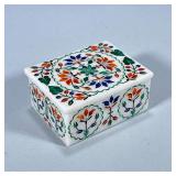 PIETRA DURA DECORATIVE MOSAIC FLORAL BOX | Inlaid mosaic pattern of flowers in shades of orange, gre