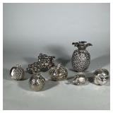 (7pc) COLLECTION DECORATIVE SILVERPLATED FRUITS | Assorted silverplated fruits, including orange, pu