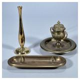 (3pc) BRASS BIEDERMEIER MISC. PEN STAND VASE URN | Biedermeier stand for pens, tall vase, and a smal