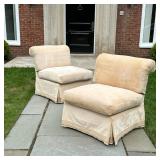 (2pc) PAIR BILLY BALDWIN STYLE CORDUROY Scroll Slipper Chairs | Seat height 19 in - h. 32.25 x w. 27