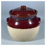 2 TONE BROWN GLAZED CERAMIC LIDDED BEAN POT | Glazed pottery covered jar with two handles.2 Quart - 