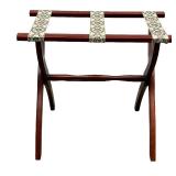 FOLDING WOOD 3-STRAP LUGGAGE RACK | Mahogany wood contour leg luggage rag with 3 wine petit point st