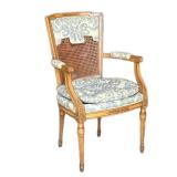 Louis XVI style FRENCH WEAVED AND UPHOLSTERED fauteuil armchair. | Carved walnut wooden frame with f