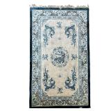 Chinese Art Deco Rug Oriental Handmade Cream Blue | Beige-blue Chinese rug with knotted fringe - w. 