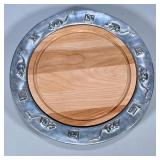 MARIPOSA MOUSE & CHEESE PEWTER PLATTER | Wooden cutting board inside a pewter dish with mice and che
