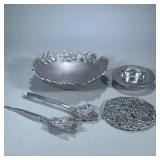 (5pc) MISC SILVERPLATE PEWTER ITEMS | Including salad bowl with servers, trivet and wine bottle coas