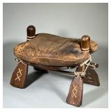 LEATHER CAMEL SADDLE FOOT STOOL | Wooden foot stool with hide leather cushion - h. 19.5 x w. 15.5 x 