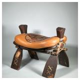 Vintage LEATHER Camel Saddle FOOT STOOL OTTOMON | For use as ottoman or foot stool. Hand made Bohemi