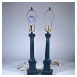 (2pc) PAIR BLUE METAL COLUMN LAMPS | Heavy, dark blue painted, metal, column matching lamps. Dimensi