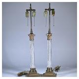 Vintage Pair BRASS AND GLASS Lamps | Heavy brass basses with twisted pressed glass columns, pull str