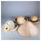 (4pc) Ladies Straw Hats | Hat with dried flowers and white ribbon is labeled Grace Manchester, hat w