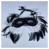 Mardi Gras BLACK SEQUINED FEATHERED Mask | Delicate black sequined mask with black feathers and tie 
