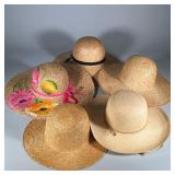 (5pc) Ladies Straw Hats | One hat labeled S.F. Green (San Francisco Hat) with leather strap and anot