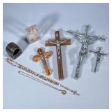 (8pc) MISC RELIGIOUS ITEMS | Two wooden crosses and two metal crosses, rosary beads marked Jerusalem