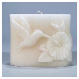 Large UNSCENTED CARVED FLORAL Candle | Cream colored candle with hummingbird and hibiscus. No obviou
