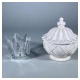 (2pc) WHITEWASH LION HEAD COVERED DISH And ORREFORS LARGE CRYSTAL CANDLE HOLDER | Large votive candl