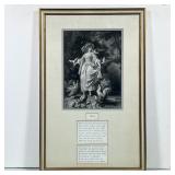 Framed Black And White Etching | Picture of a maiden dressed in white with doves and other wild bird