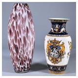 (2pc) ART VASE & MYTHICAL PAINTED CERAMIC VASE | Art vase in shades of maroon and white, ceramic vas